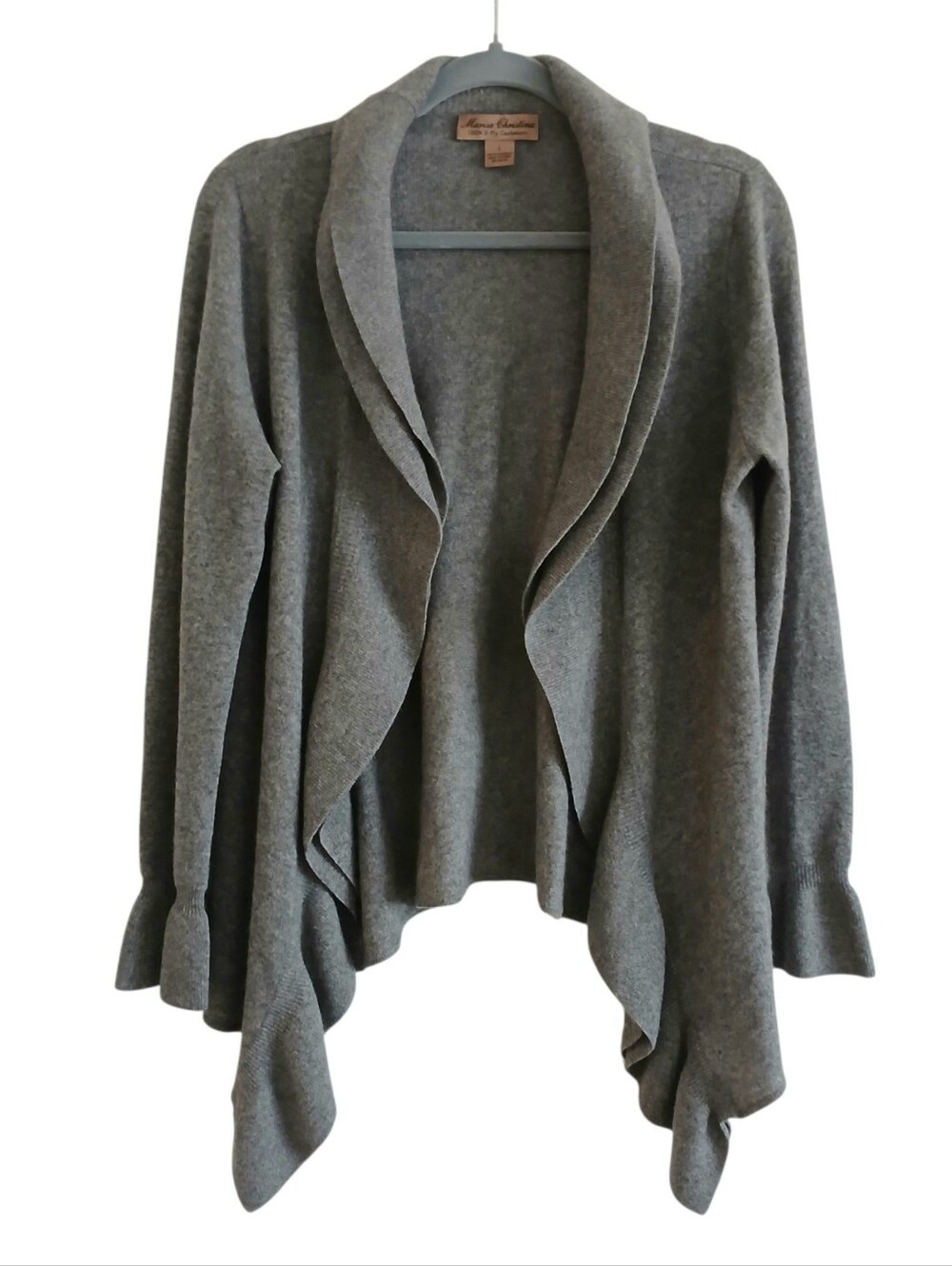 MARISA CHRISTINA 100% 2 Ply Cashmere Cardigan Women's L Gray Ruffled Waterfall